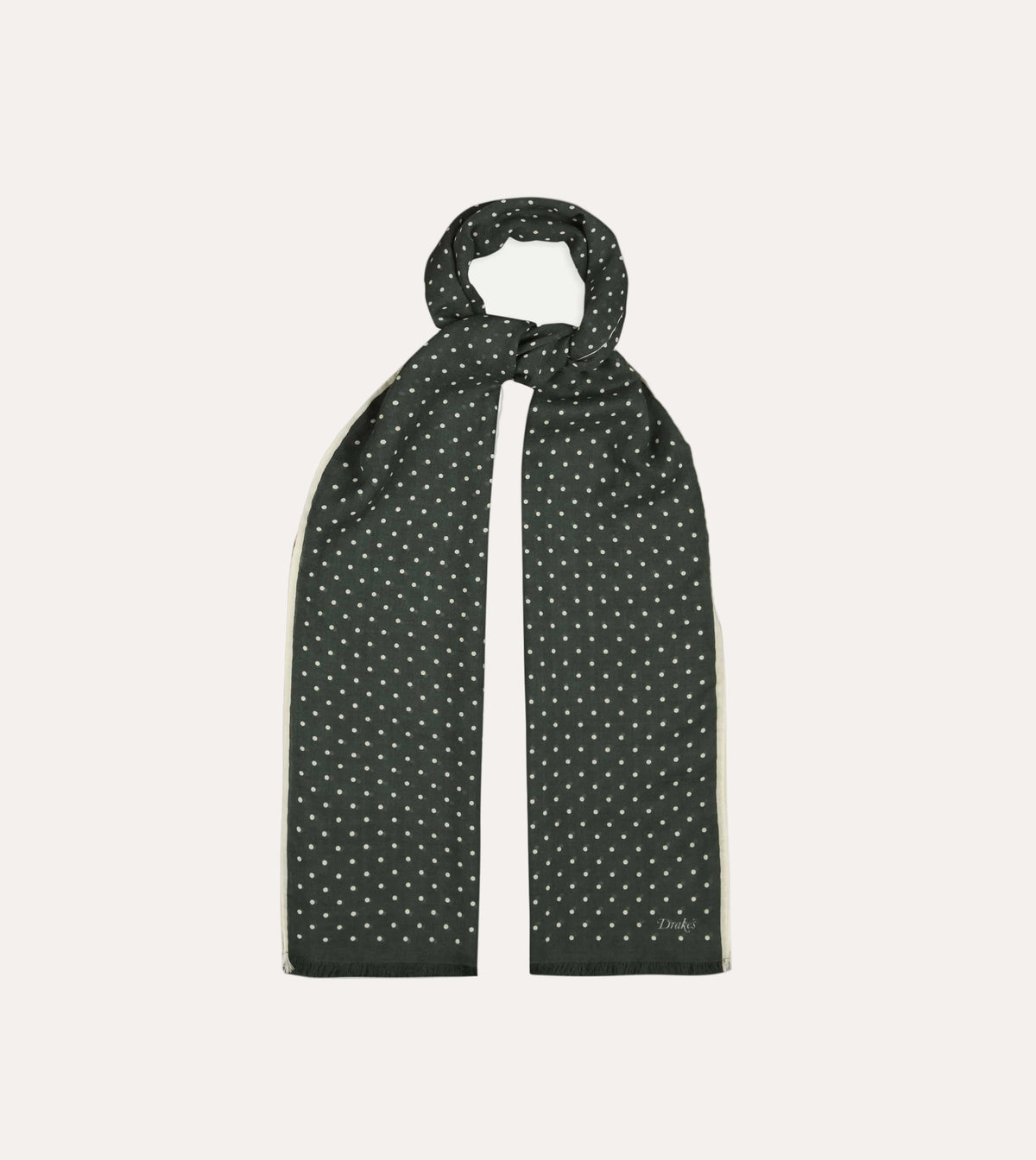 Green Polka Dot Print Shoestring Wool-Silk Scarf