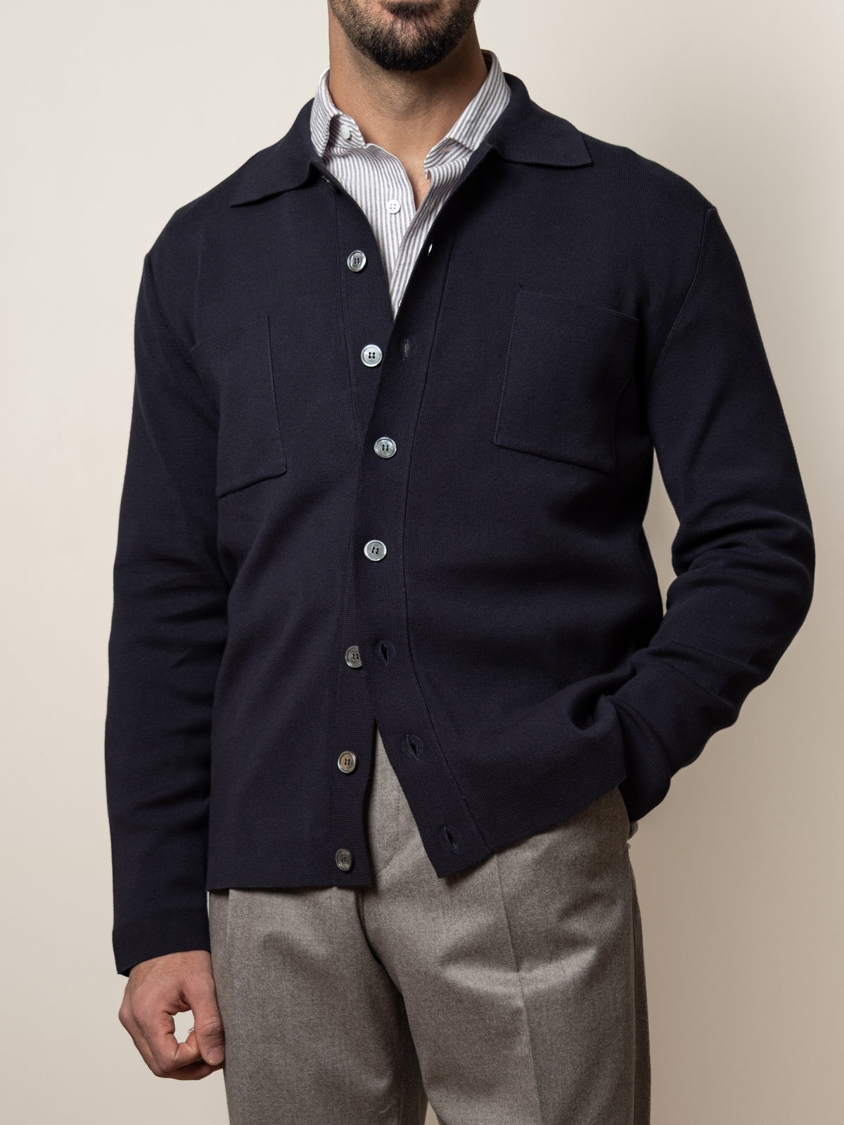 Knitted Cotton Shirt Jacket Navy
