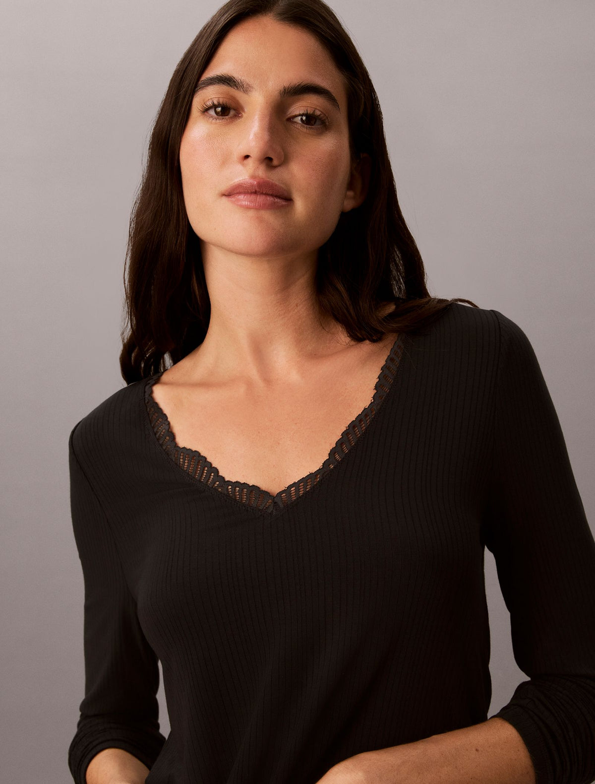 Modal Rib with Lace LS Top- Black – Calvin Klein
