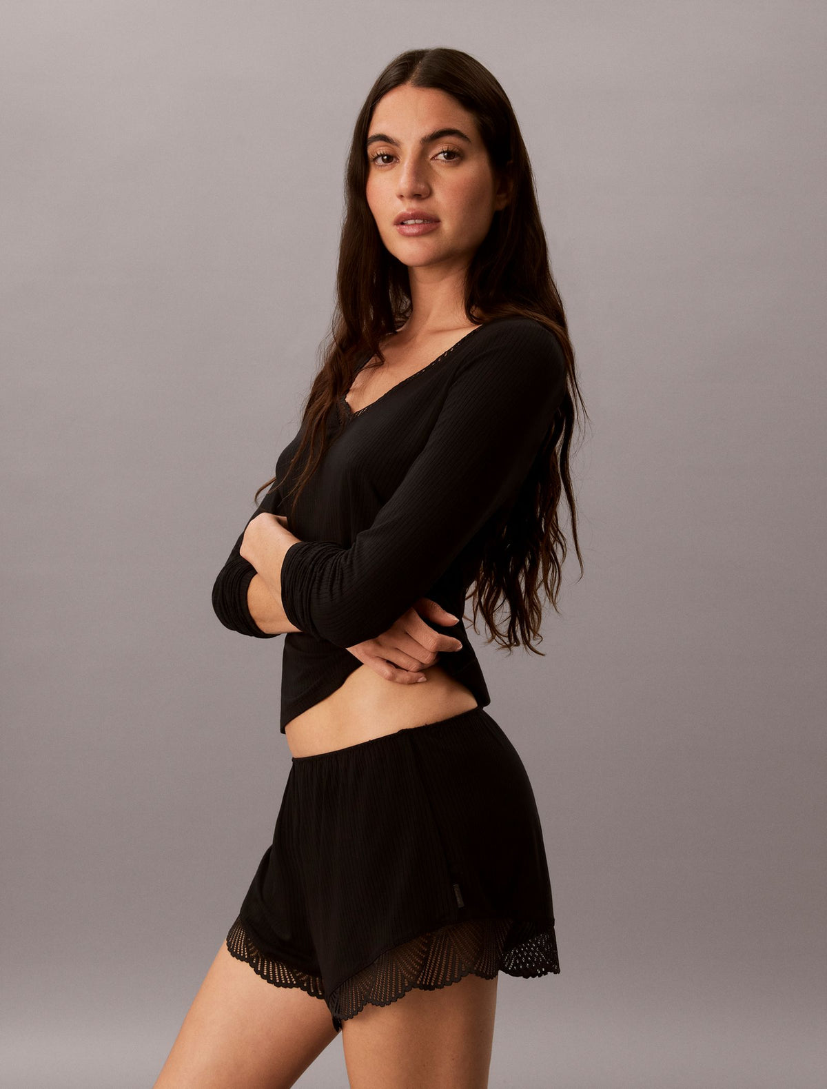 Modal Rib with Lace LS Top- Black – Calvin Klein