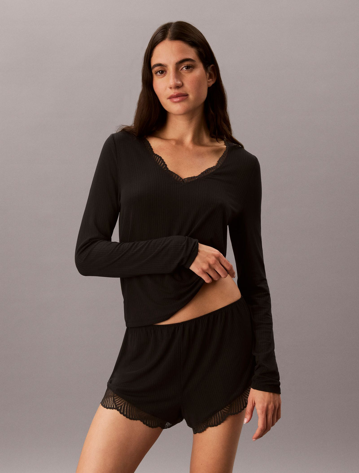 Modal Rib with Lace LS Top- Black – Calvin Klein