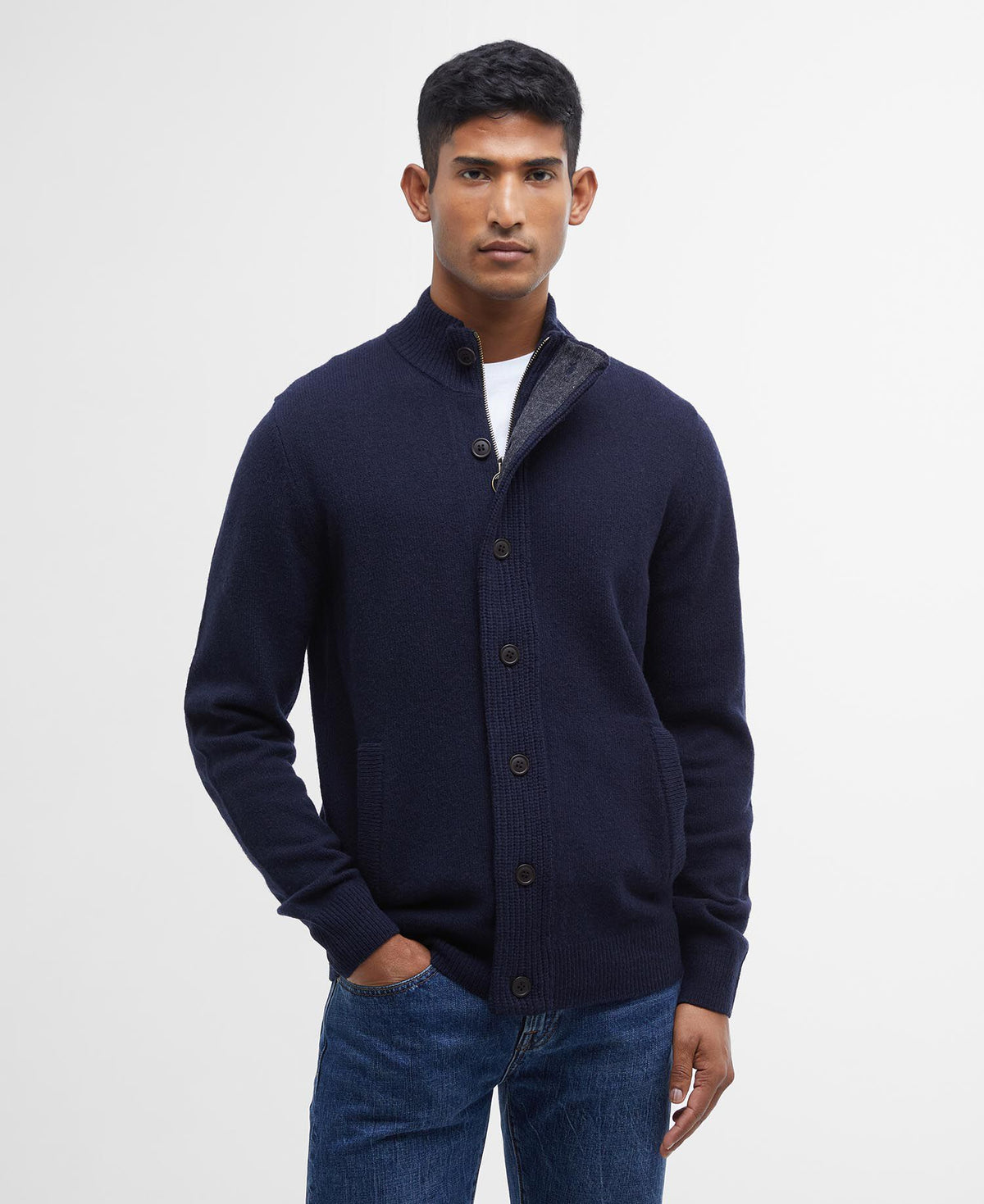 Essential Patch Zip Through Knitted Jumper Navy - modellbilde front