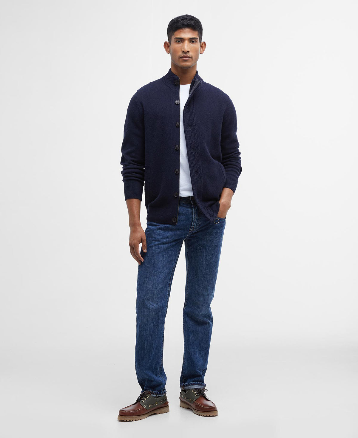 Essential Patch Zip Through Knitted Jumper Navy - modellbilde get the look