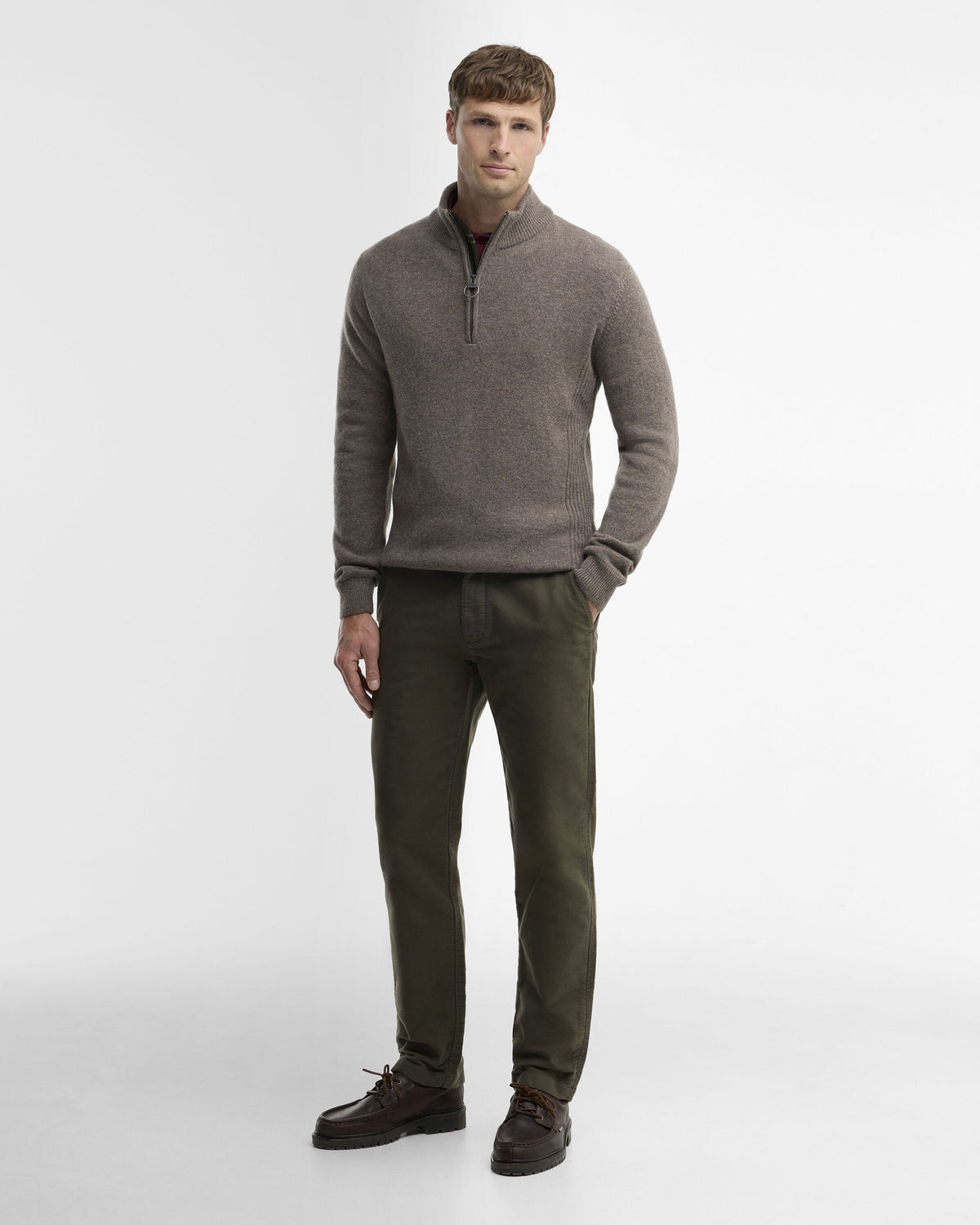 Essential Patch Zip Through Knitted Jumper New Stone - modellbilde get the look