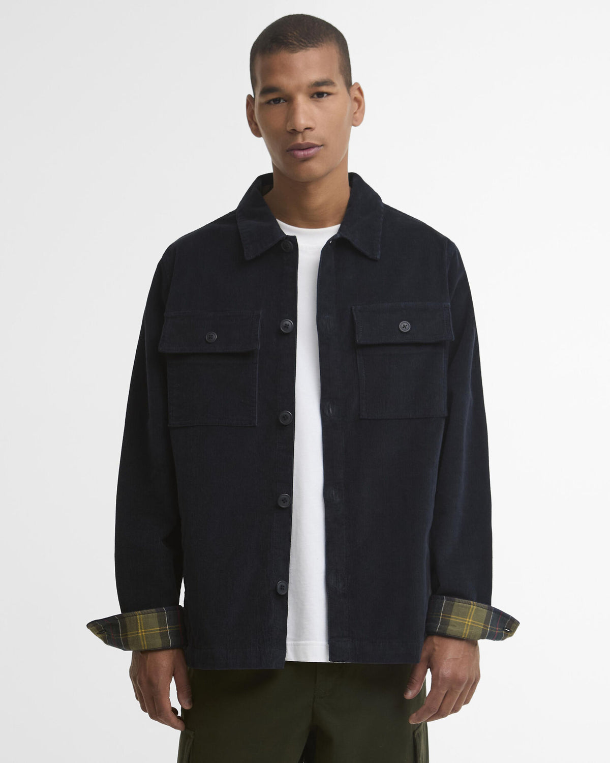 Tartan Trimmed Cord Overshirt Navy - modellbilde