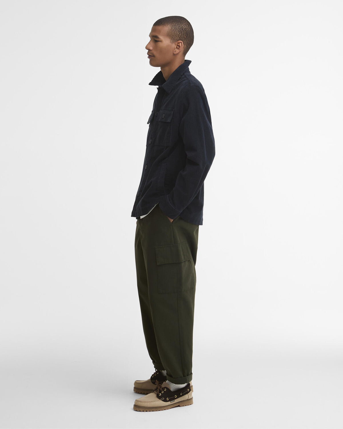 Tartan Trimmed Cord Overshirt Navy - modellbilde