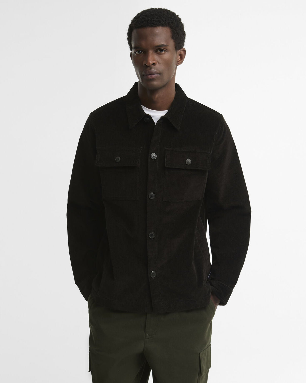Tartan Trimmed Cord Overshirt Olive - modellbilde