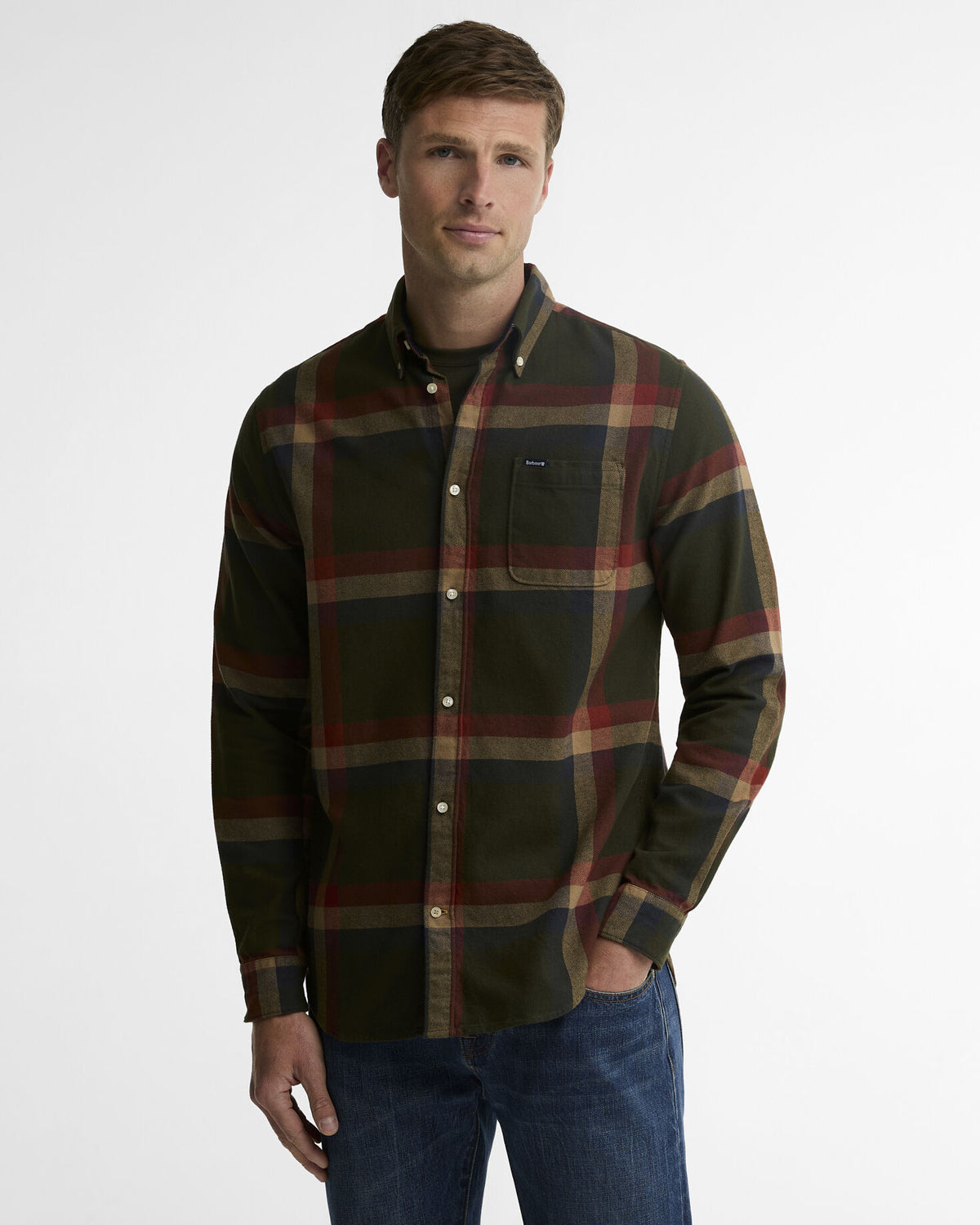 Folley Tailored Check Shirt Mid Olive - modellbilde front