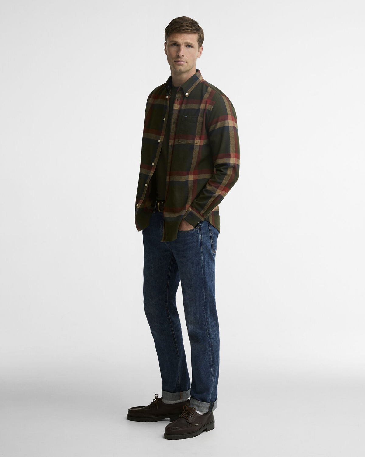 Folley Tailored Check Shirt Mid Olive - modellbilde get the look