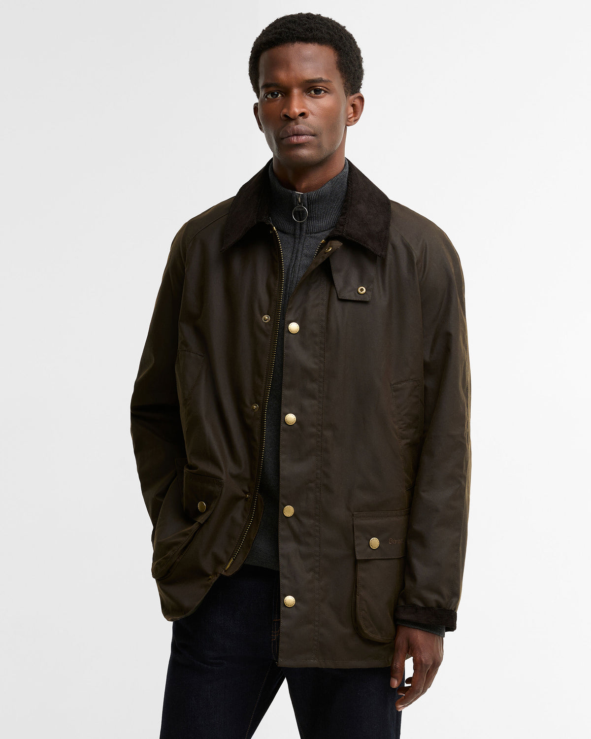 Barbour Ashby Wax Jacket Olive - modellbilde forfra