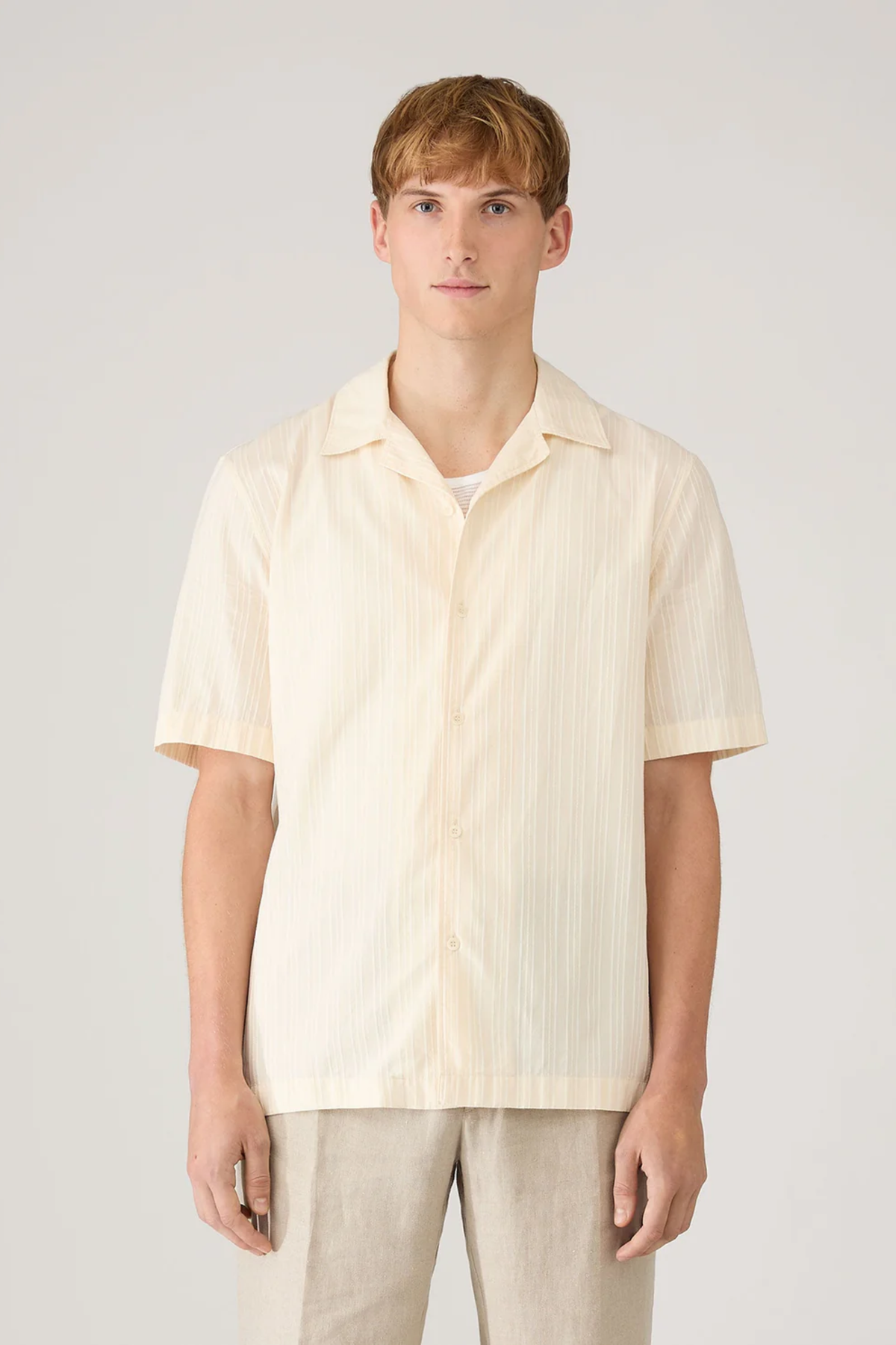Textured Stripe Camp Collar Shirt Ecru
