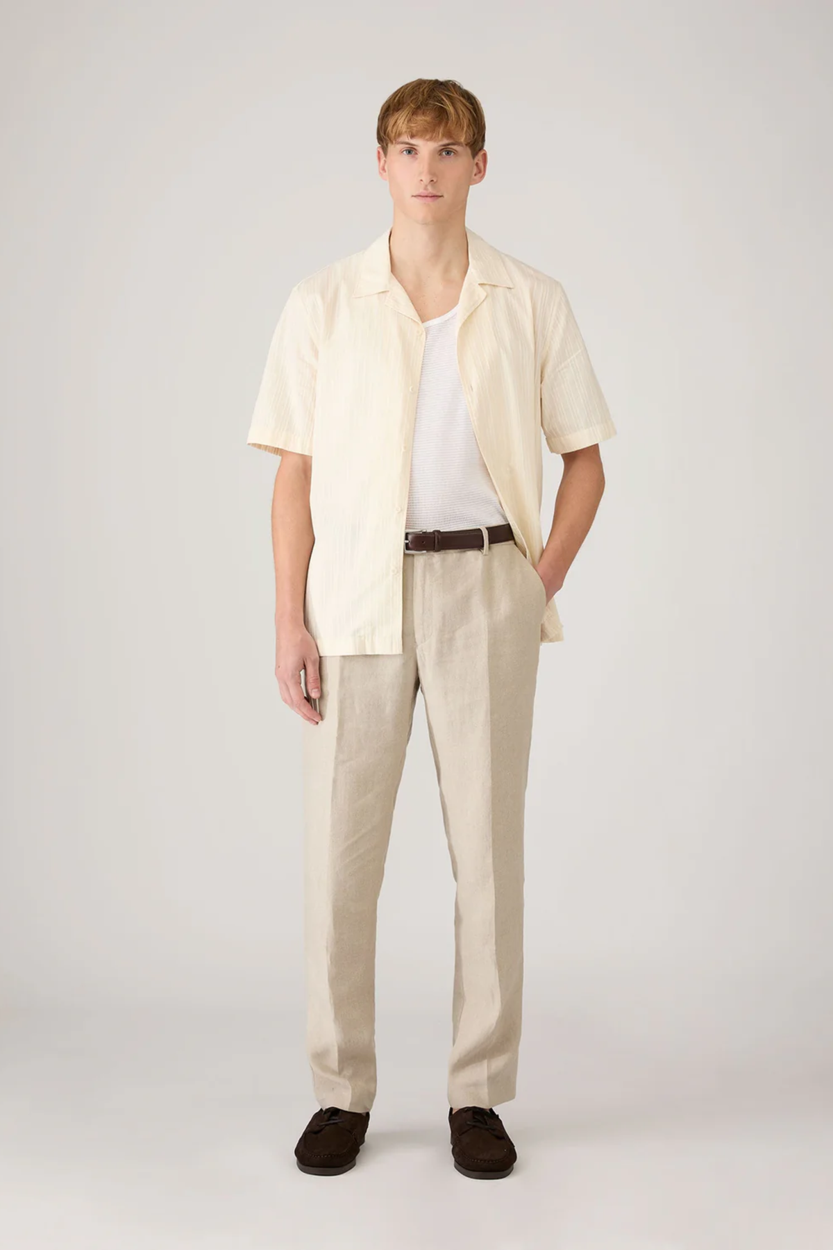Textured Stripe Camp Collar Shirt Ecru