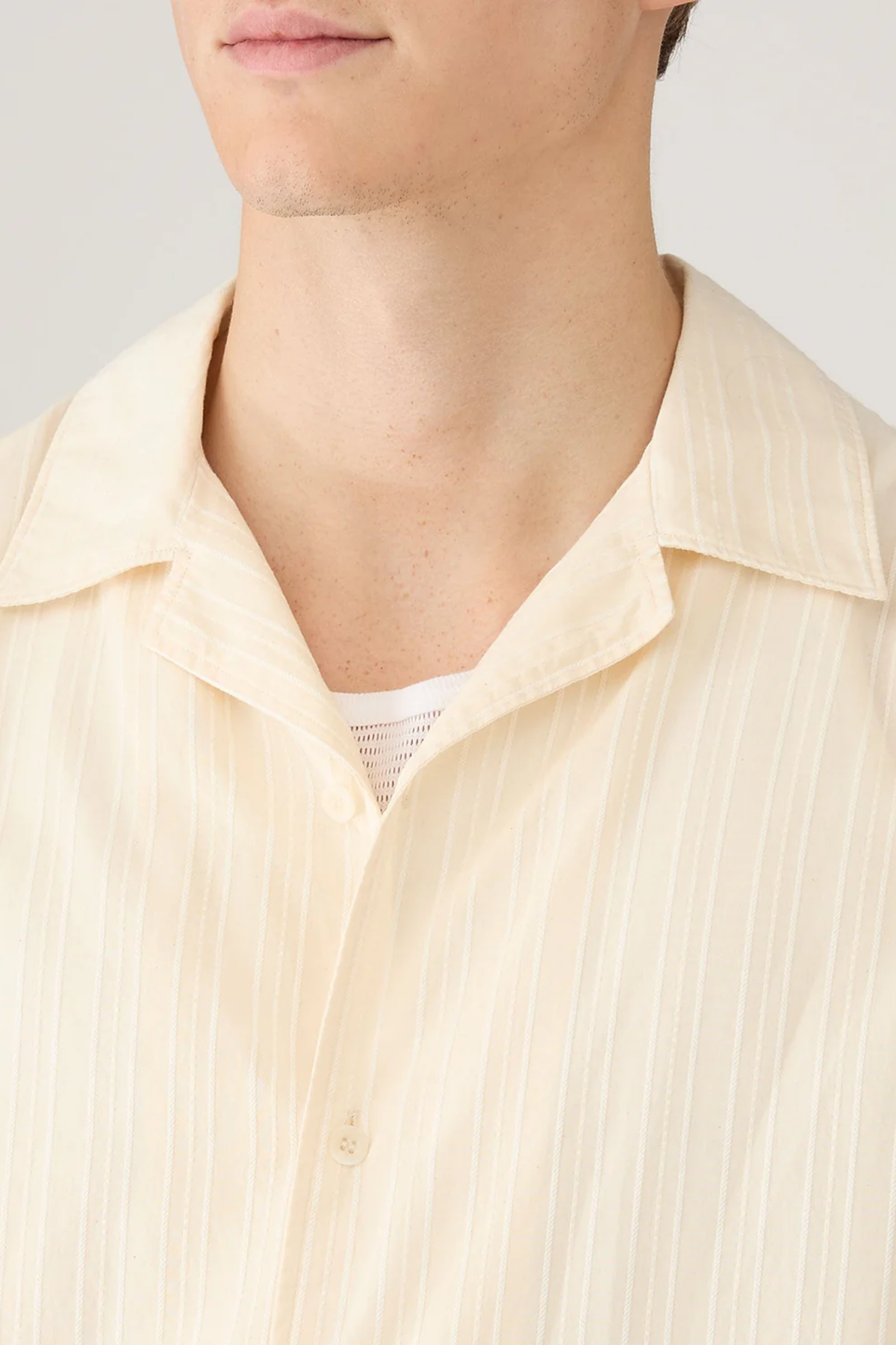 Textured Stripe Camp Collar Shirt Ecru