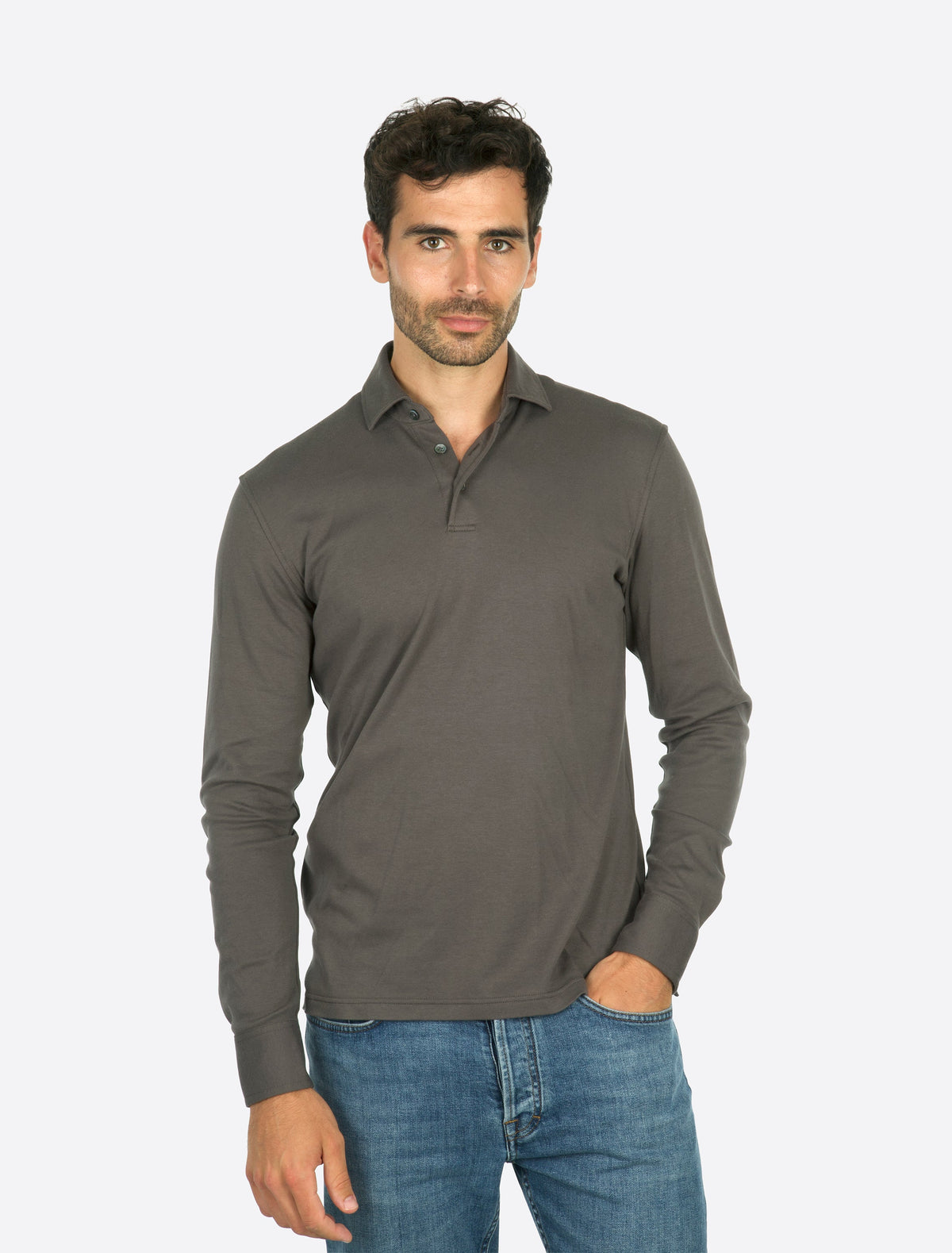 Theo Jersey Cotton Long Sleeve Polo Dark Grey modellbilde