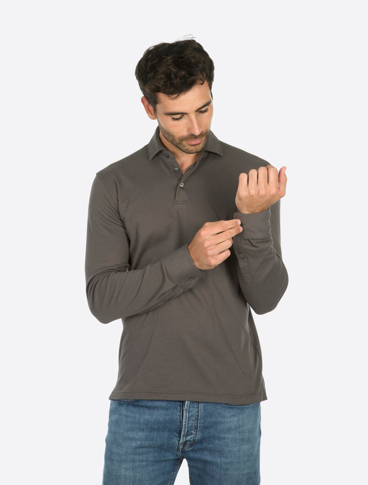 Theo Jersey Cotton Long Sleeve Polo Dark Grey modellbilde