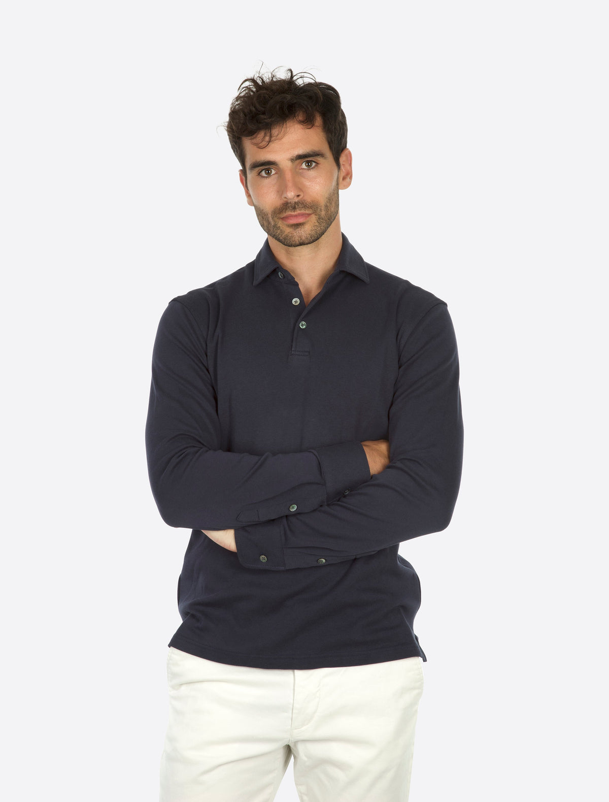 Theo Jersey Cotton Long Sleeve Polo Navy modellbilde