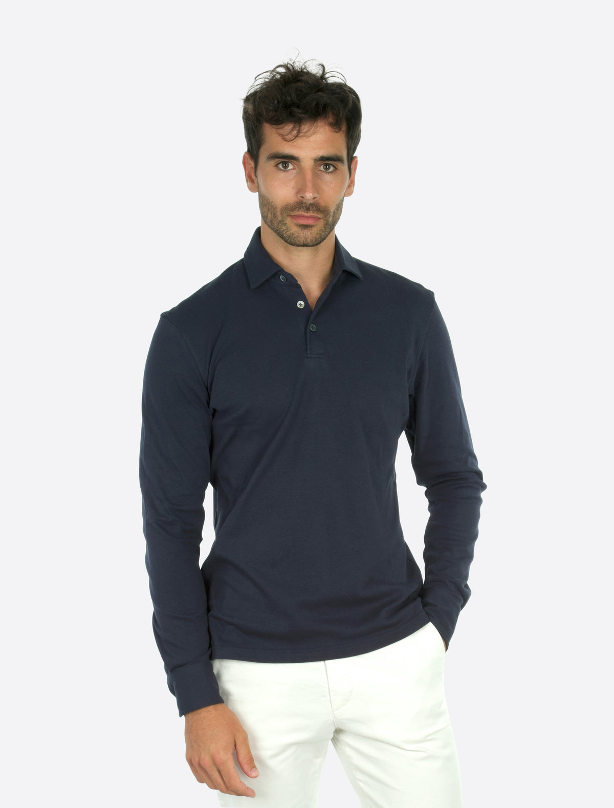 Theo Jersey Cotton Long Sleeve Polo Navy modellbilde