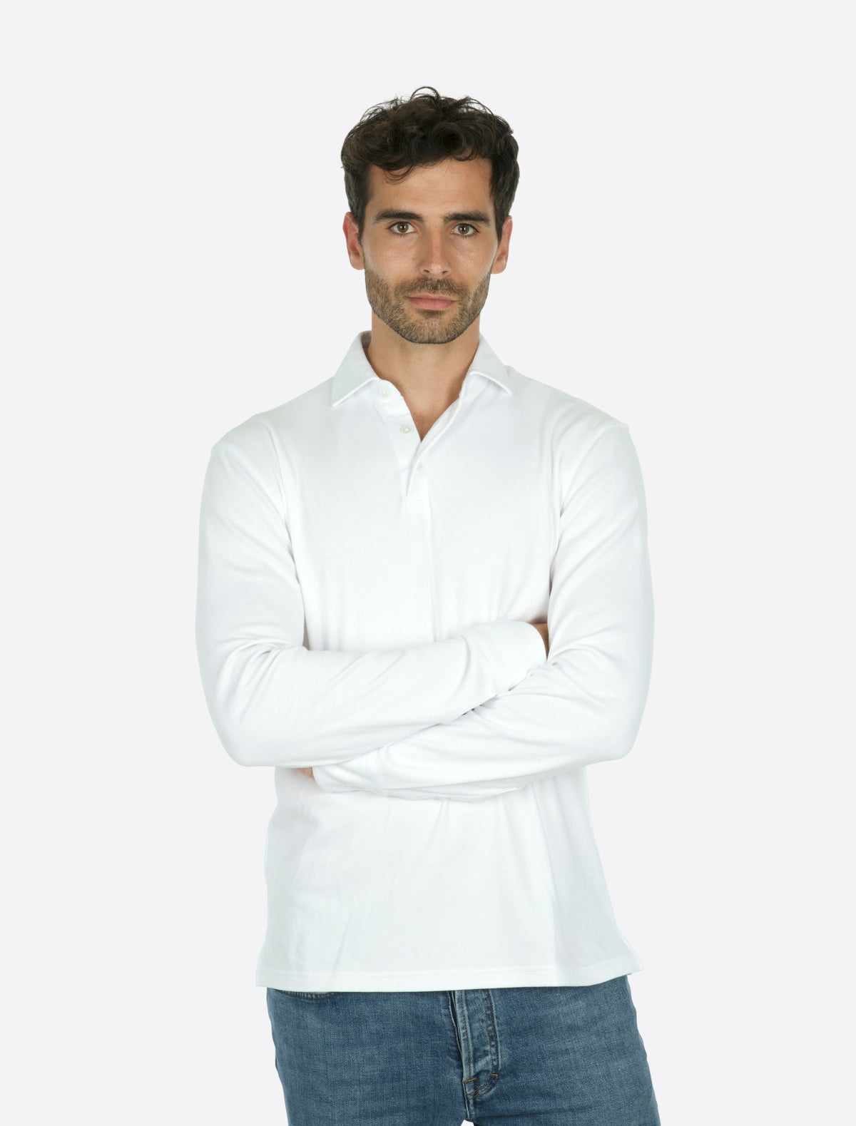 Theo Jersey Cotton Long Sleeve Polo White modellbilde
