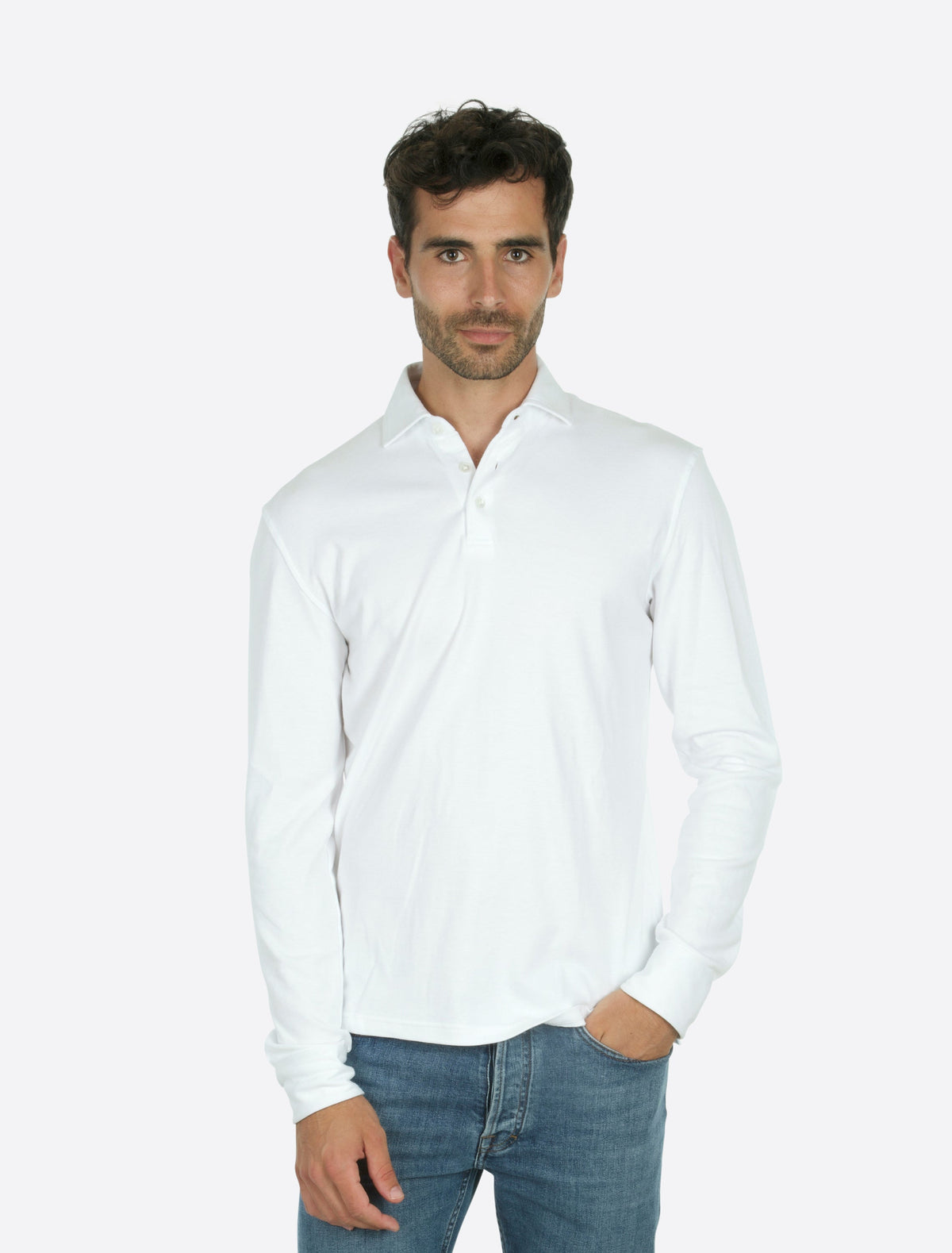 Theo Jersey Cotton Long Sleeve Polo White modellbilde