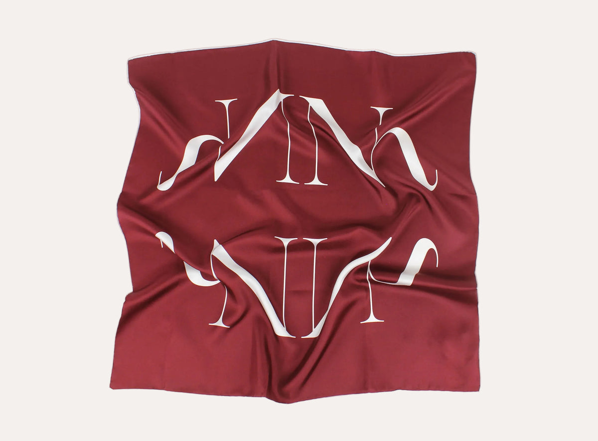 Embla Emblem Silk Scarf Burgund Nohr Studio packshot flatlay