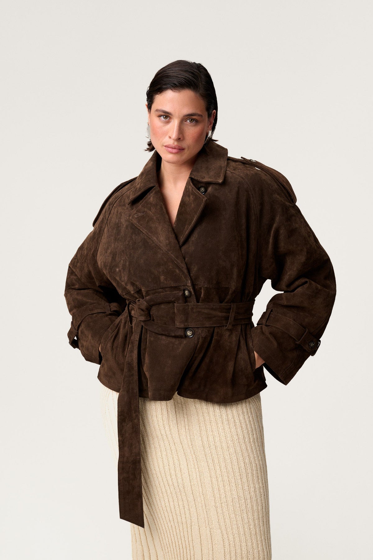 York Cropped Trench Coat Dark Brown