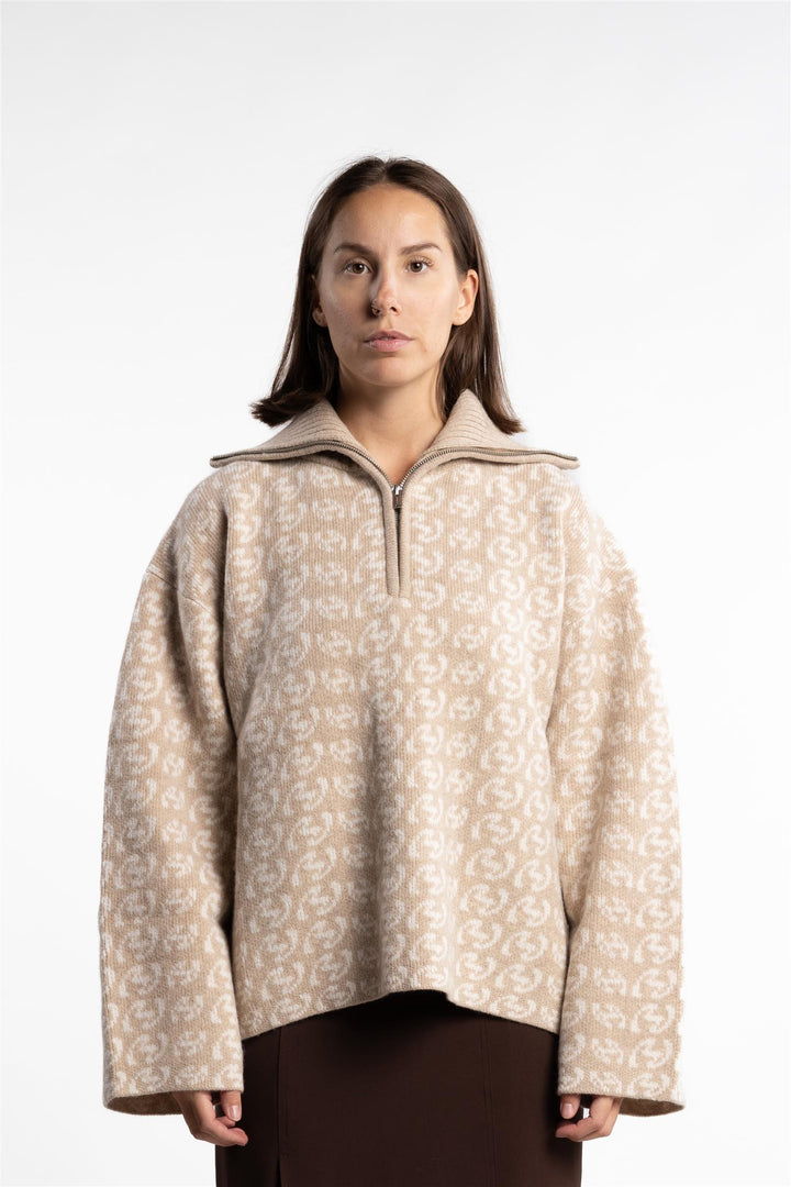 Cass Monogram Half Zip- Beige Mix