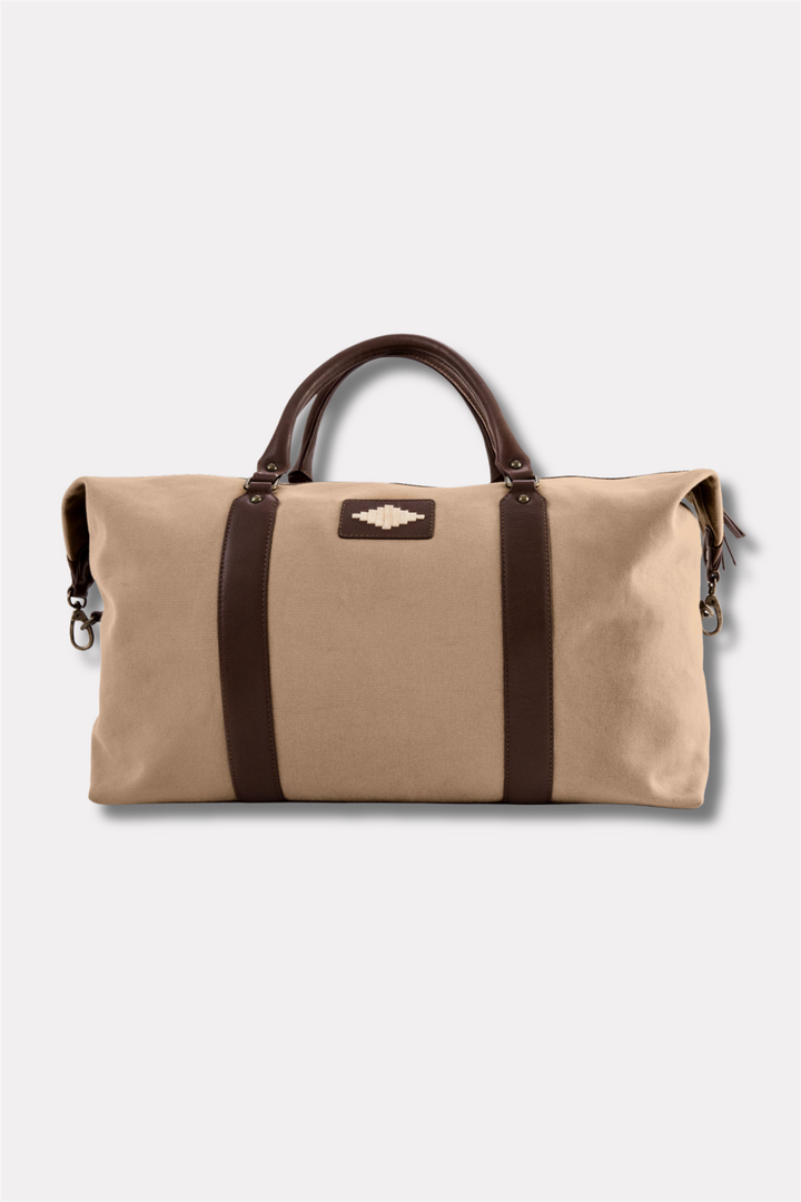 Caballero Large Travel Bag - Brown Leather and Sand Canvas With Cream Stitching