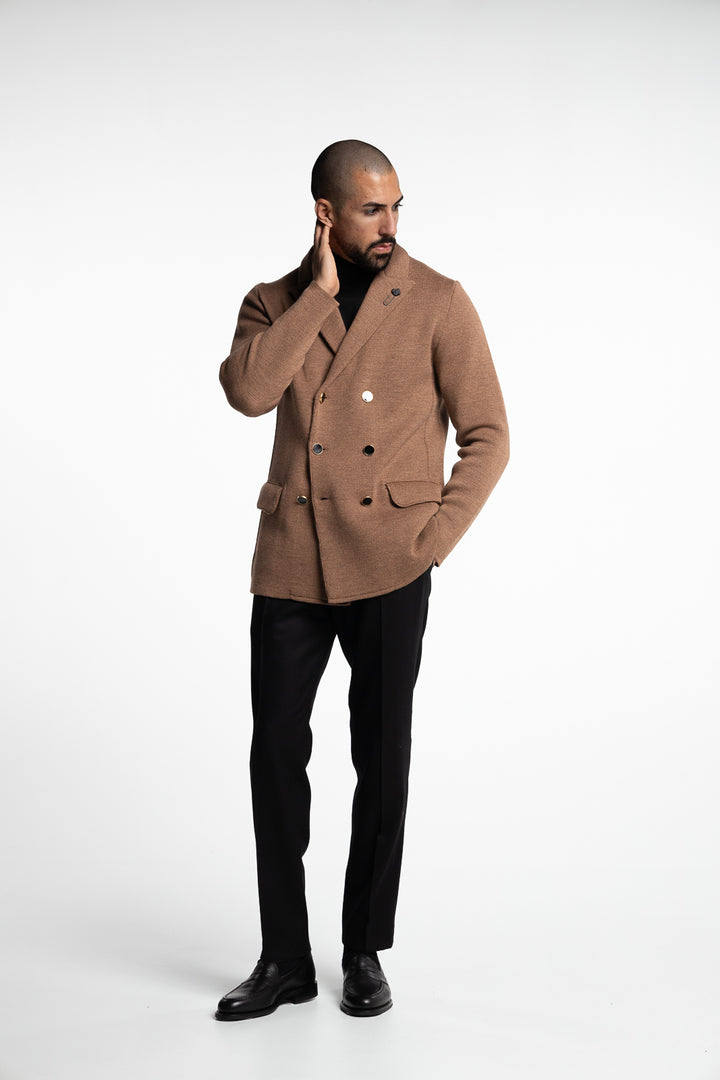 Knitted Double-breasted Cotton Blazer Cognac