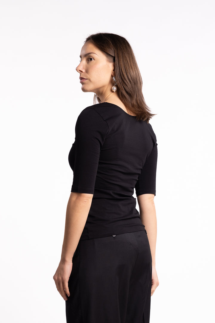 Cotton Stretch Scoop Neck Top- Black