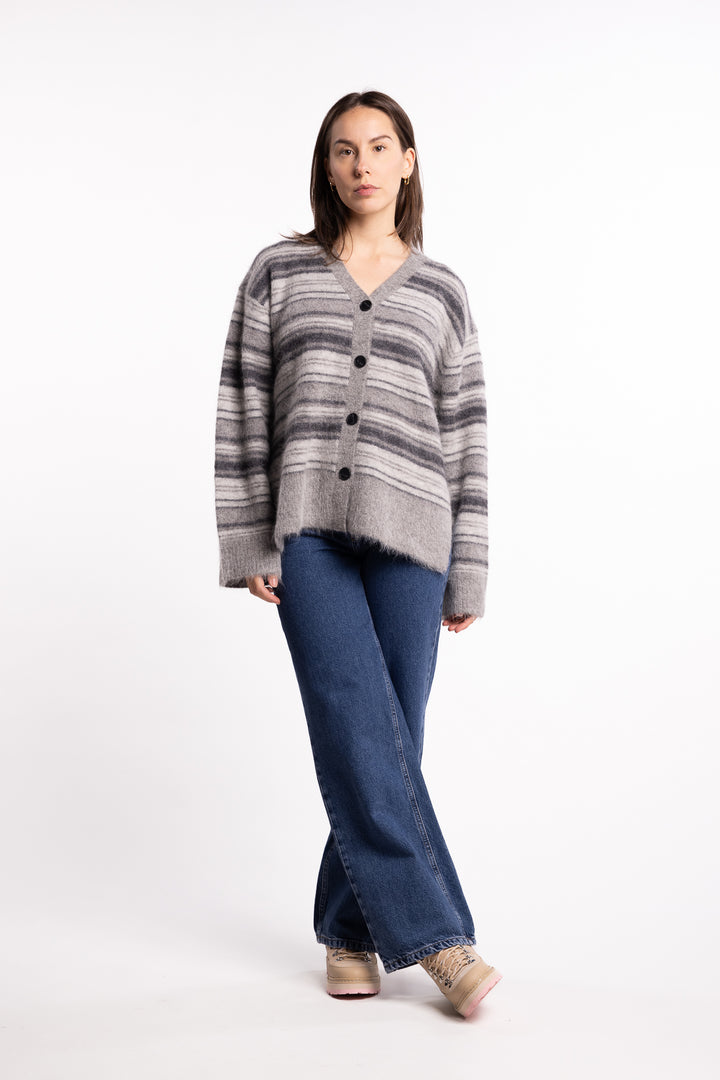 Fluffy Stripe Cardigan - Grey Stripe