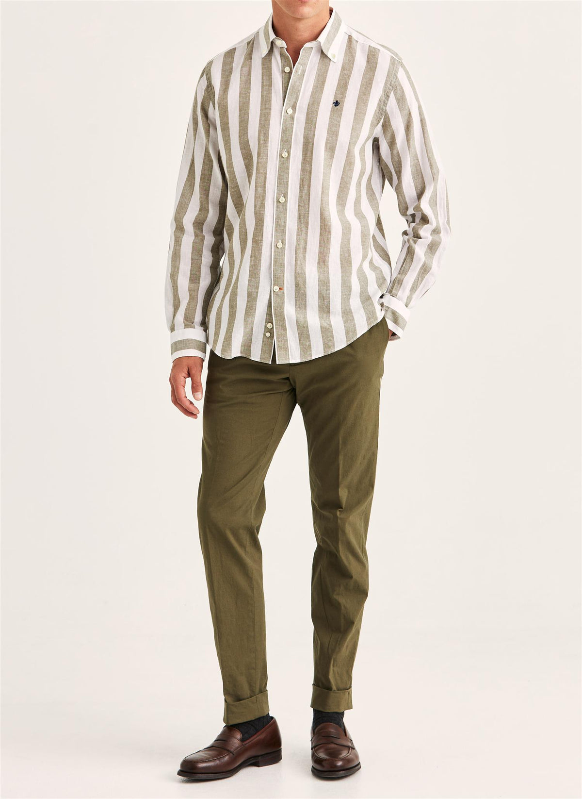Douglas Classic Fit Linen Shirt Mix Stripe Olive