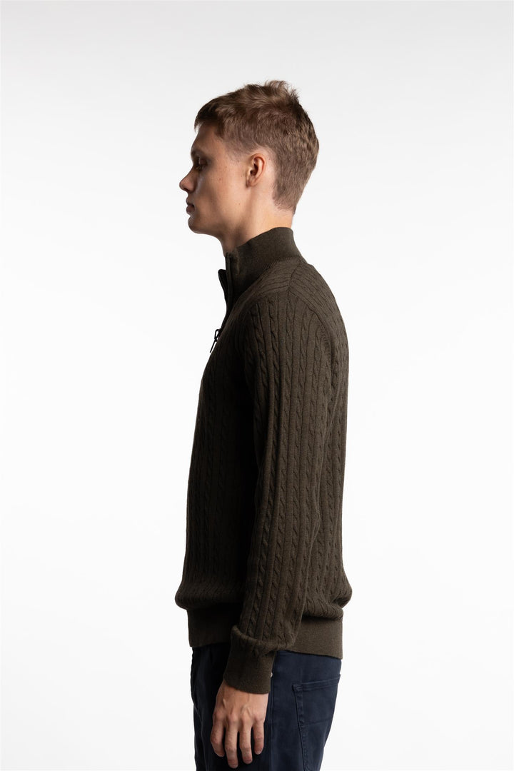 Half Zip Cable Knit Army Mel