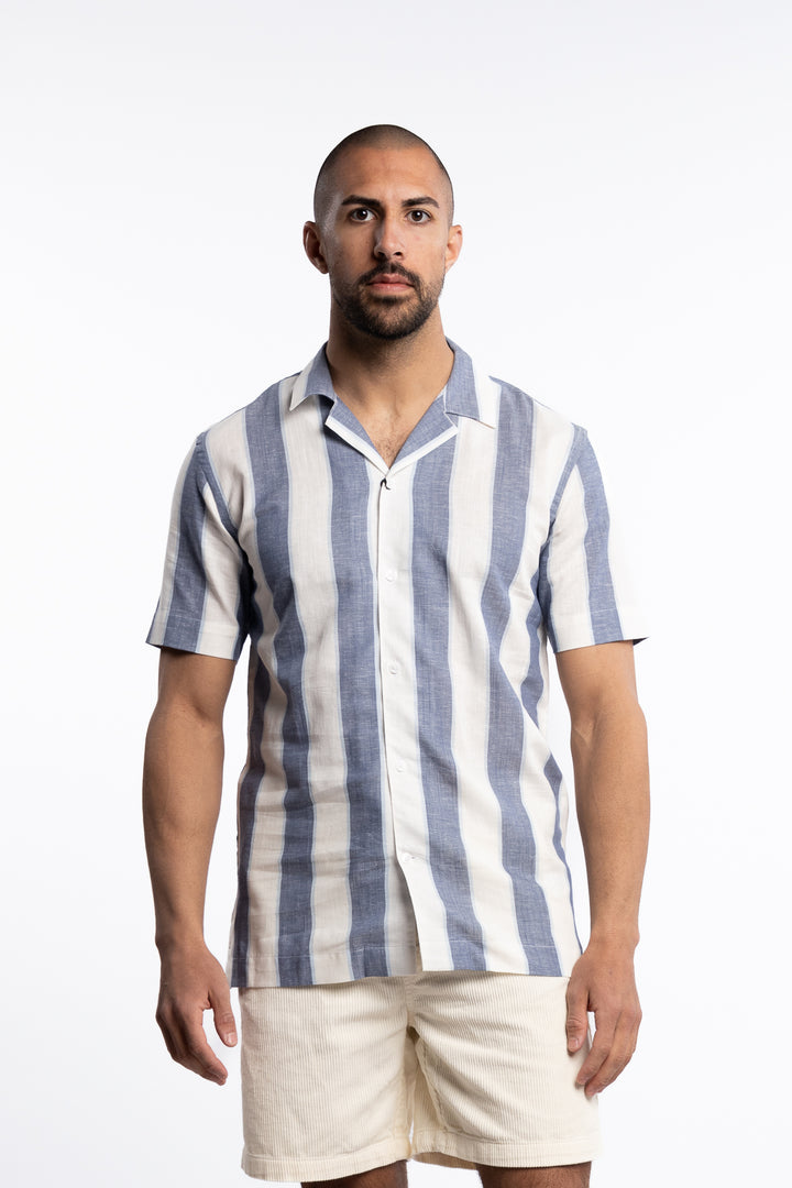 Striped Linen/Cotton Shirt S/S Dk Blue