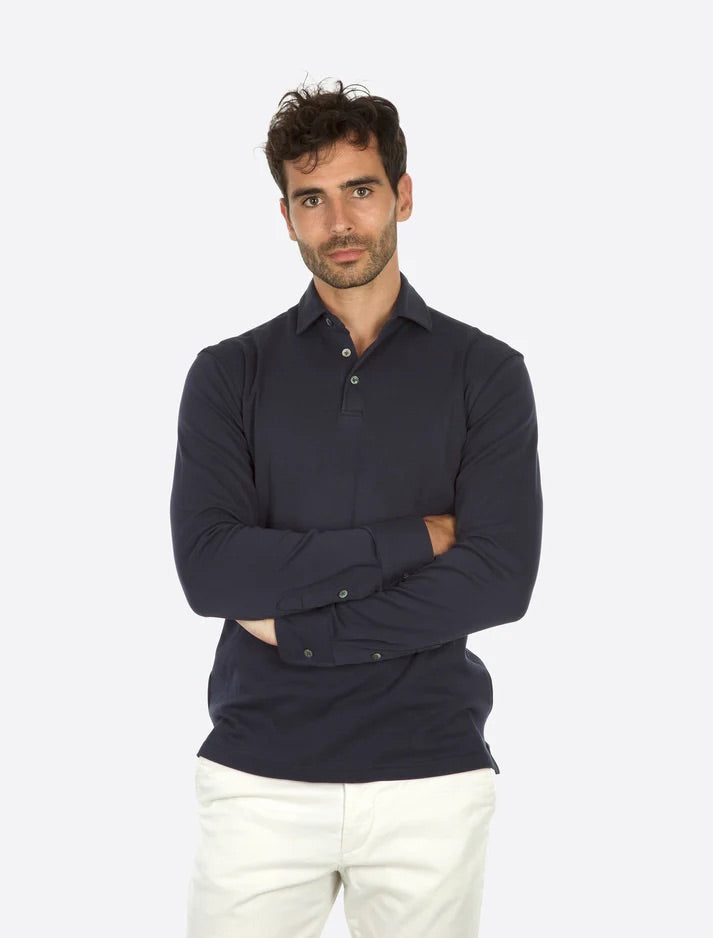 Theo Jersey Cotton Long Sleeve Polo Navy