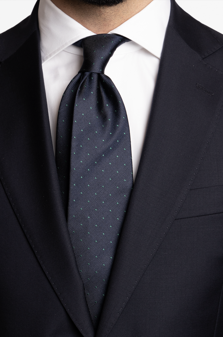 Silk Woven Tie Navy With Green Dots