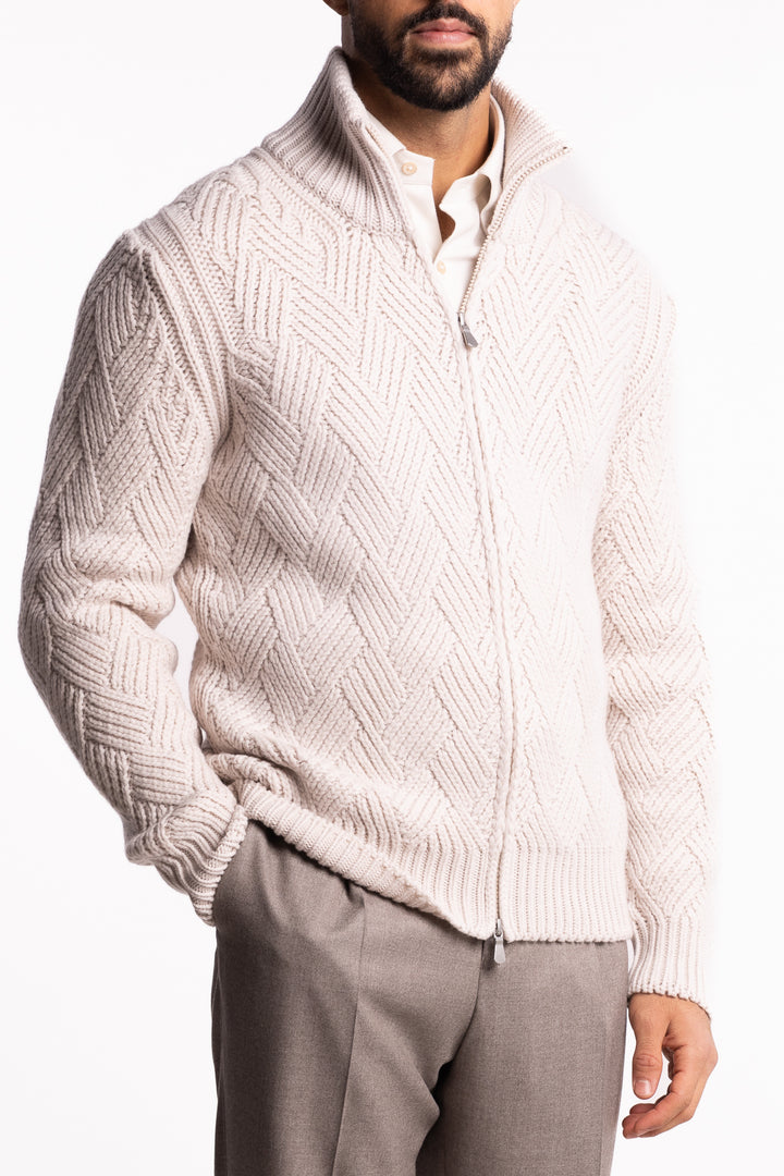 Wool Full-Zip Cable Knit Cardigan Off White