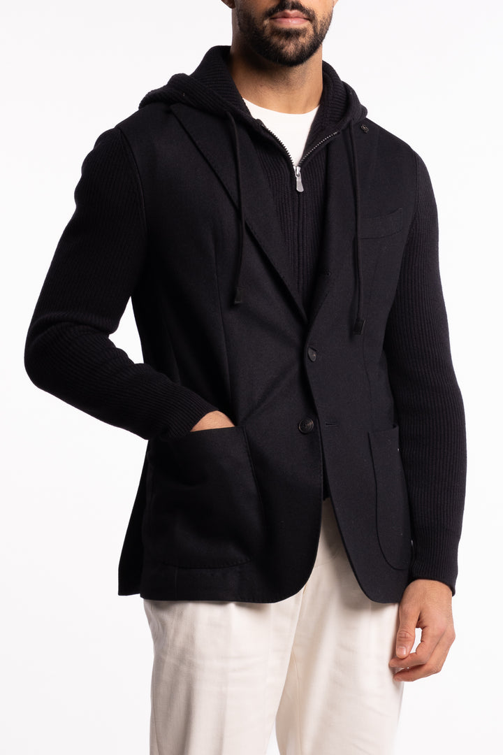Knitted Hooded Wool Blazer Black