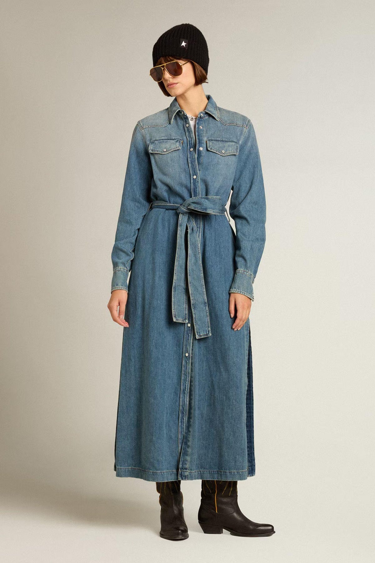 Shirt Dress With Belt- Washed Denim