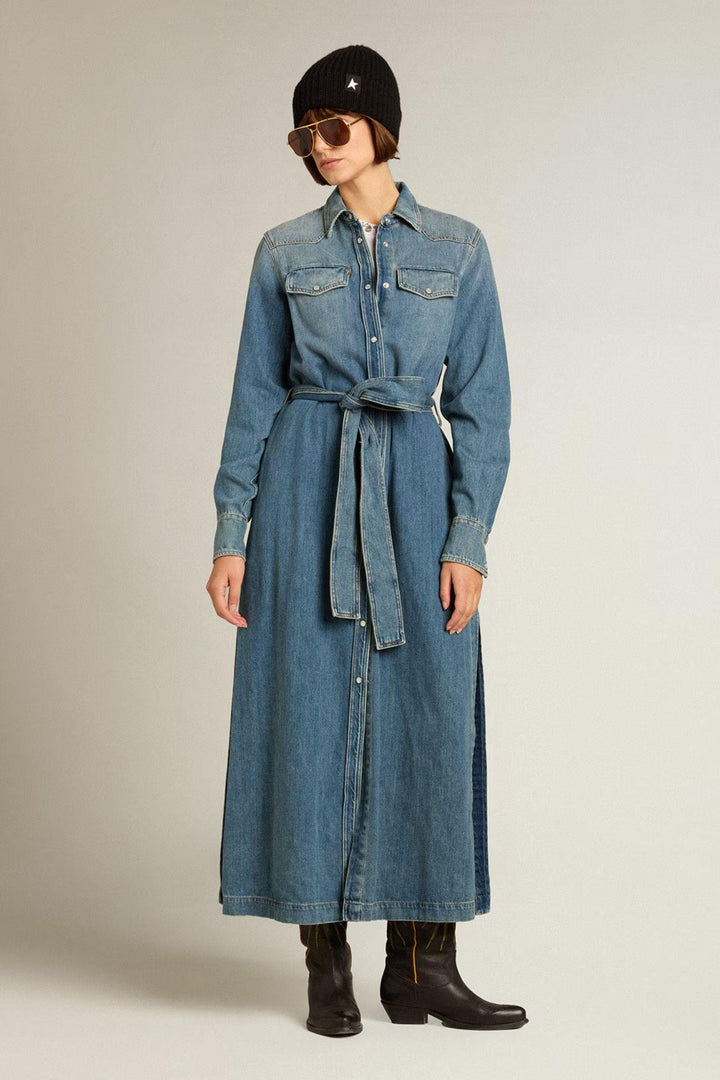 Shirt Dress With Belt- Washed Denim