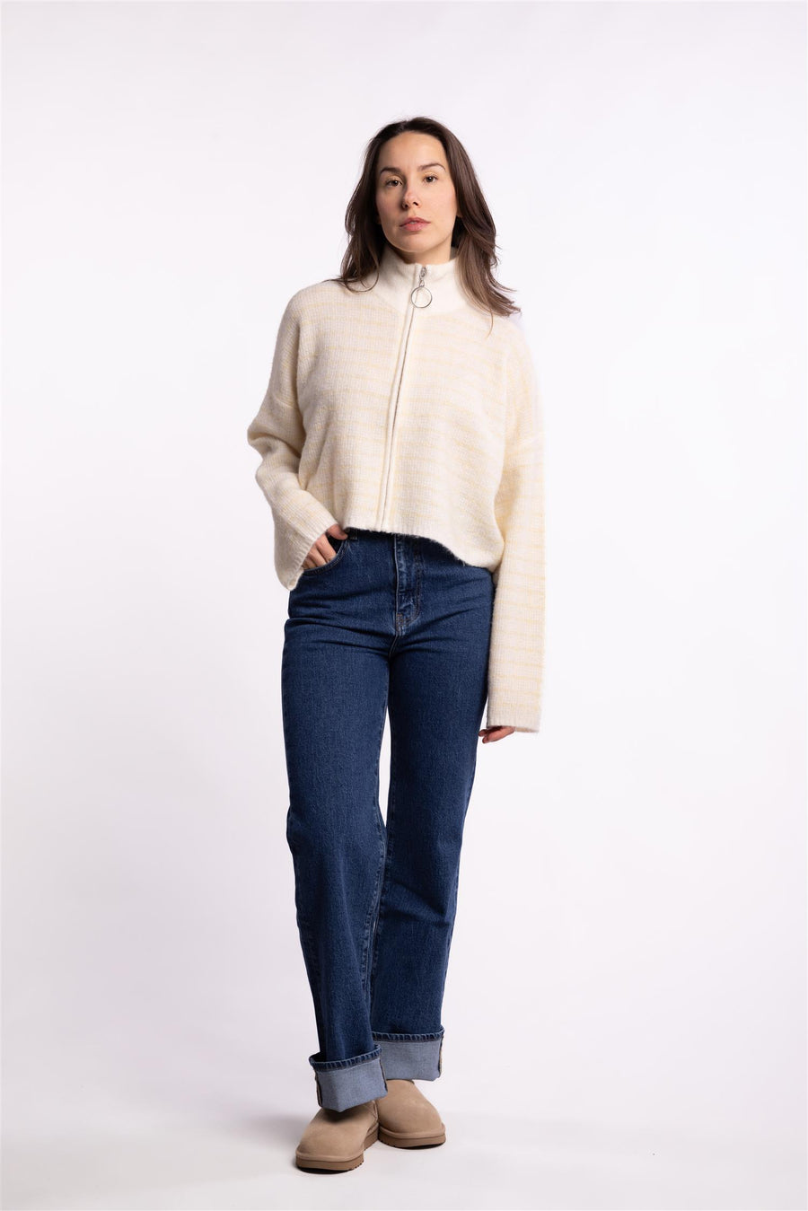 Tine Waflle Check Cardigan- Lt Yellow Mix