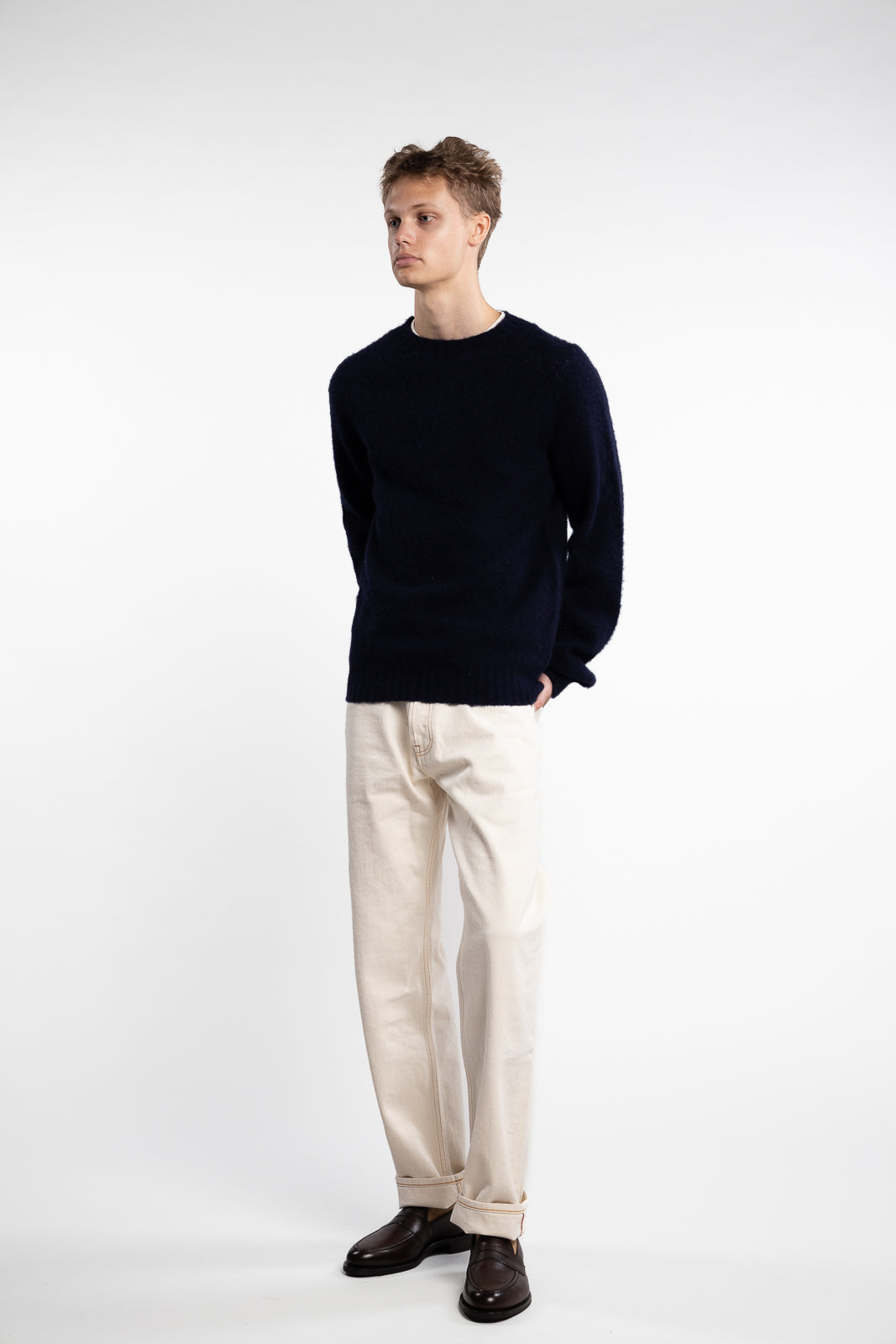 Brushed Shetland Crew Neck Jumper Navy