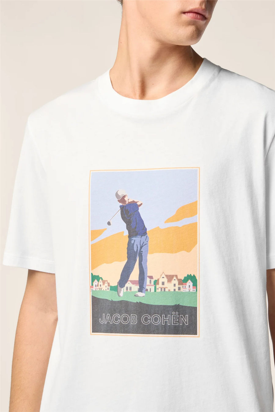 Jersey T-shirt in White Cotton with Multicolour Golf Print