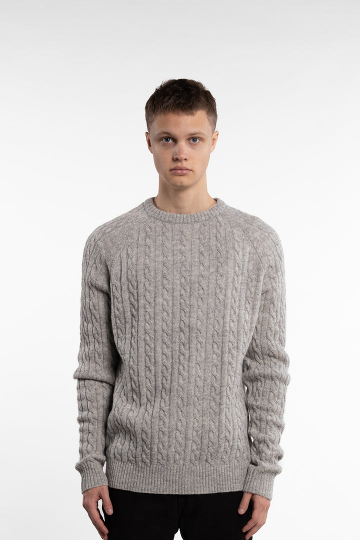 Lambswool Raglan Cable O-Neck Mid Grey