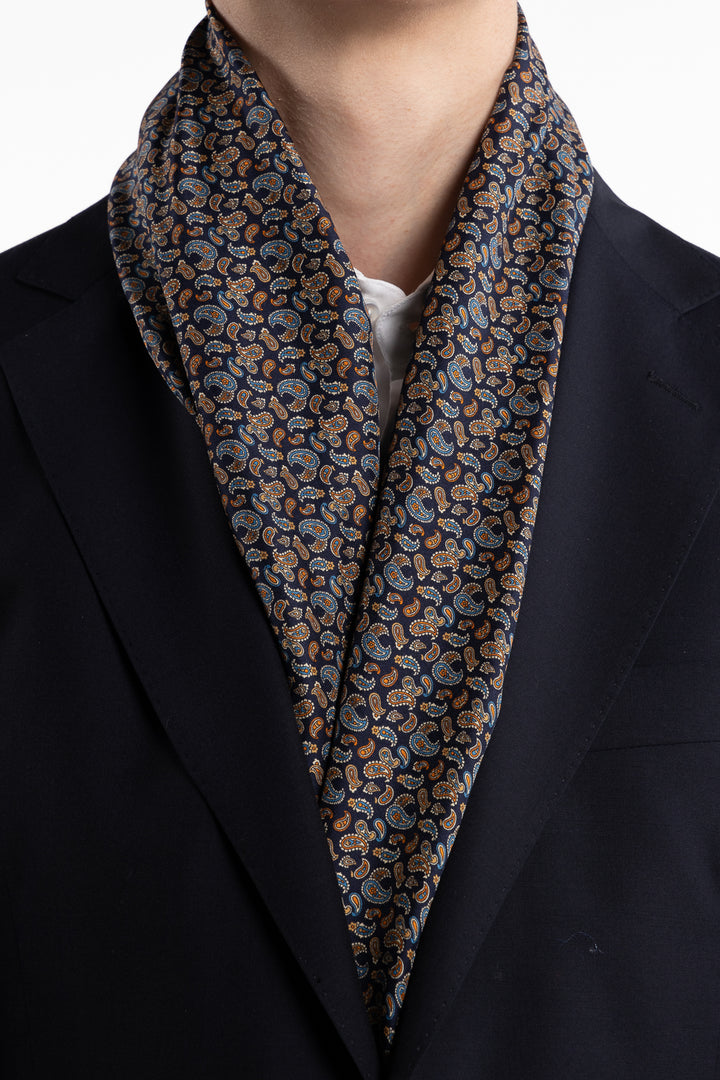 Silk Wool Double Scarves Navy Paisley