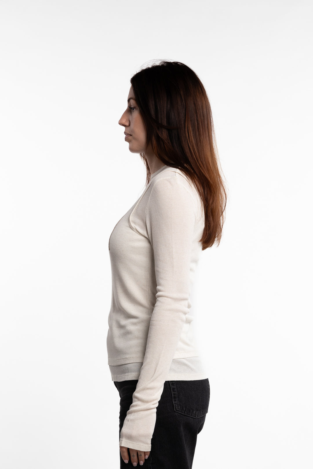 Double-layered Long Sleeve T-shirt- Ecru Beige