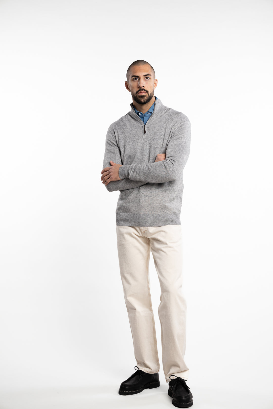 Knitted Wool Cashmere Half-Zip Light Grey Melange