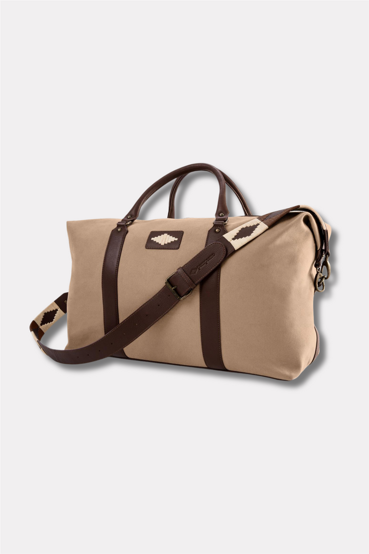 Caballero Large Travel Bag - Brown Leather and Sand Canvas With Cream Stitching
