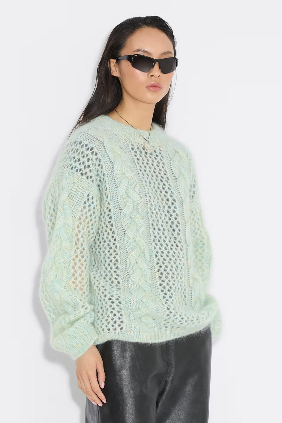 Mohair Cable Knit Crew - Green Mix