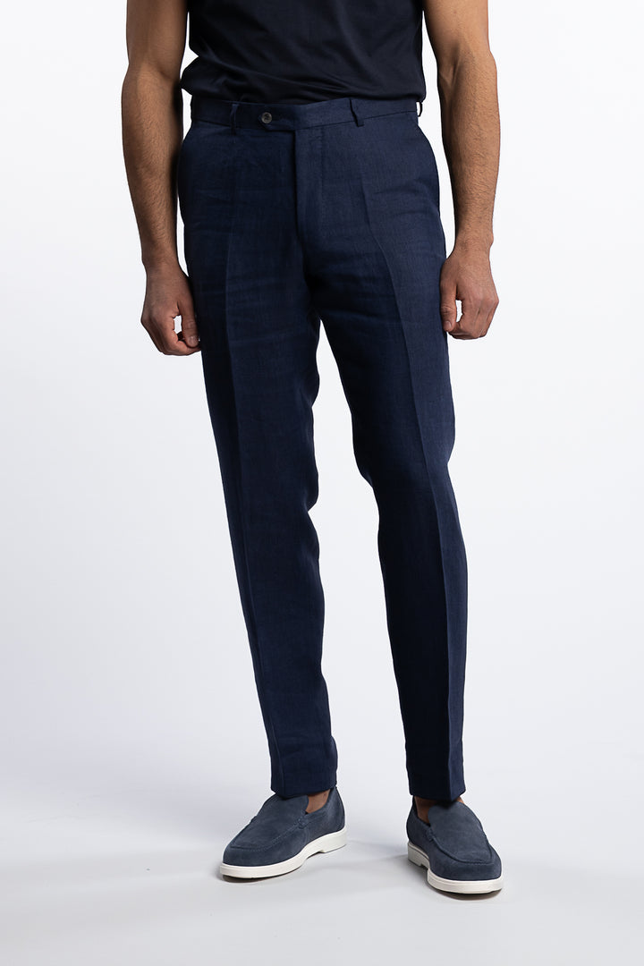 Denz Slim Fit Linen Trousers Navy