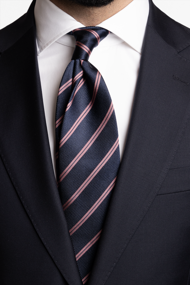 Silk Woven Tie Navy/Pink Stripe